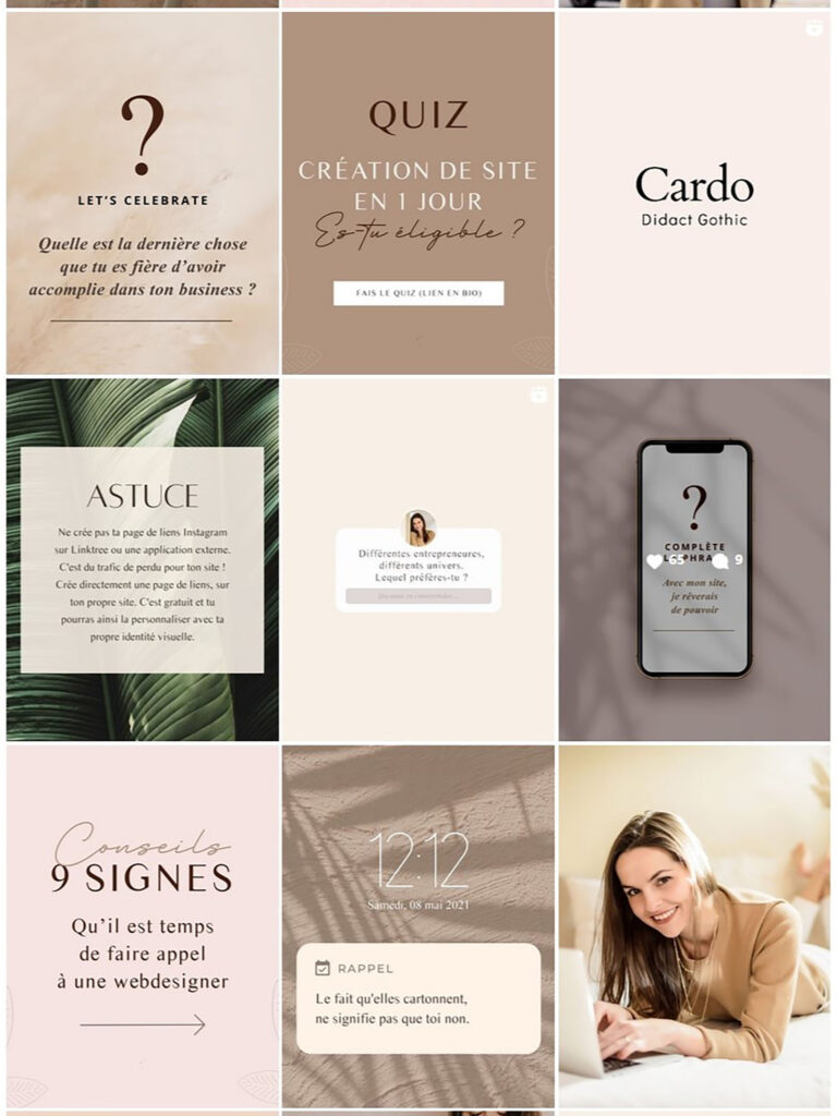 Feed Instagram d’une créatrice de sites web, mêlant branding et expertise digitale.