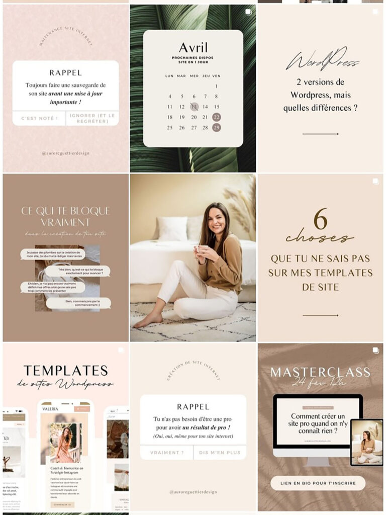 Grille Instagram d’une entrepreneure du digital, illustrant son identité visuelle cohérente.