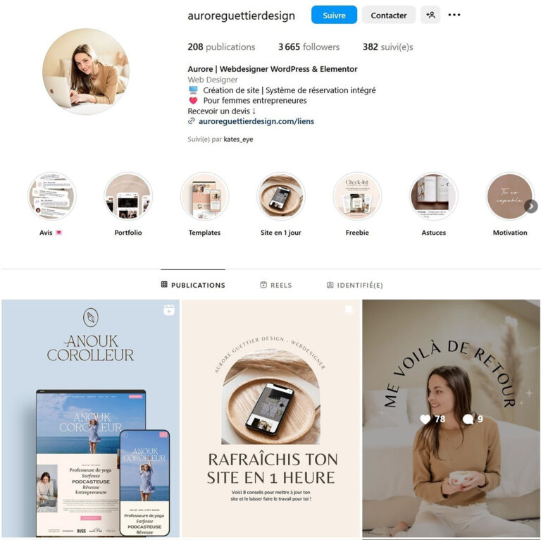Avatar et bio Instagram d’une webdesigner freelance, optimisés pour son branding.