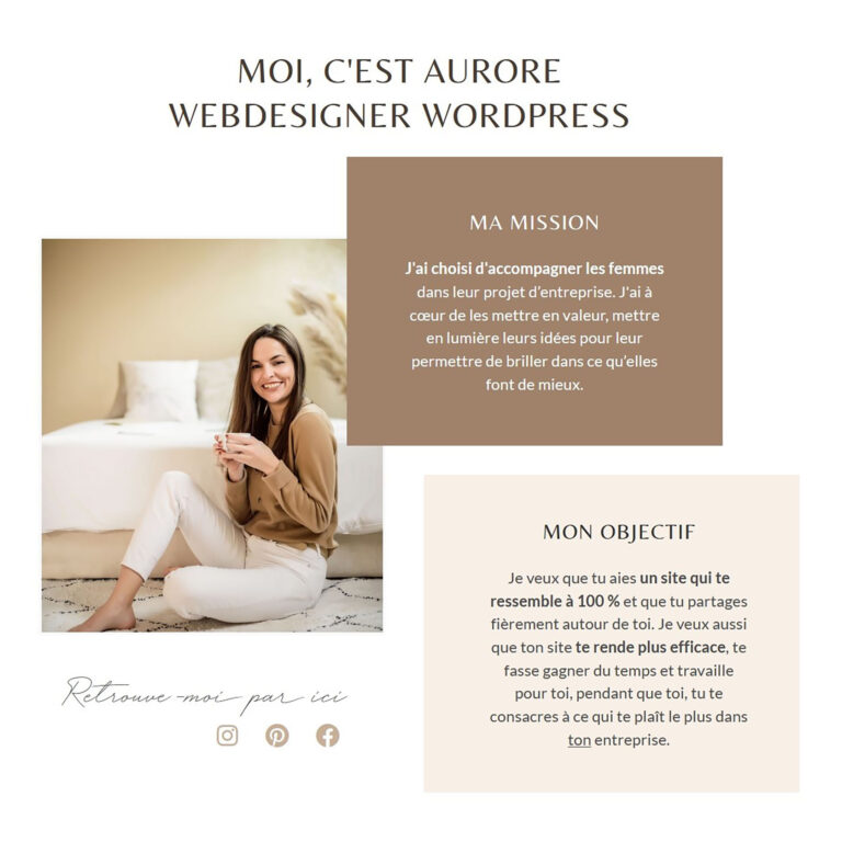 Présentation d’une webdesigner sur son site Showit & WordPress.