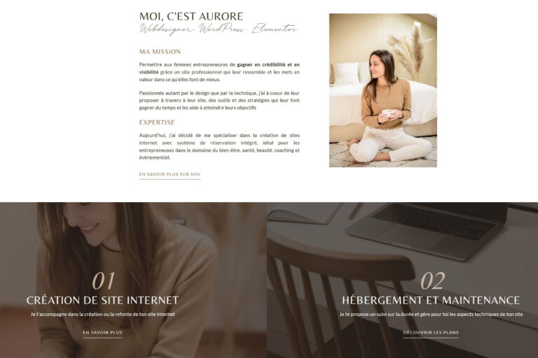 Site web professionnel d’une entrepreneure en design digital, illustrant son branding.
