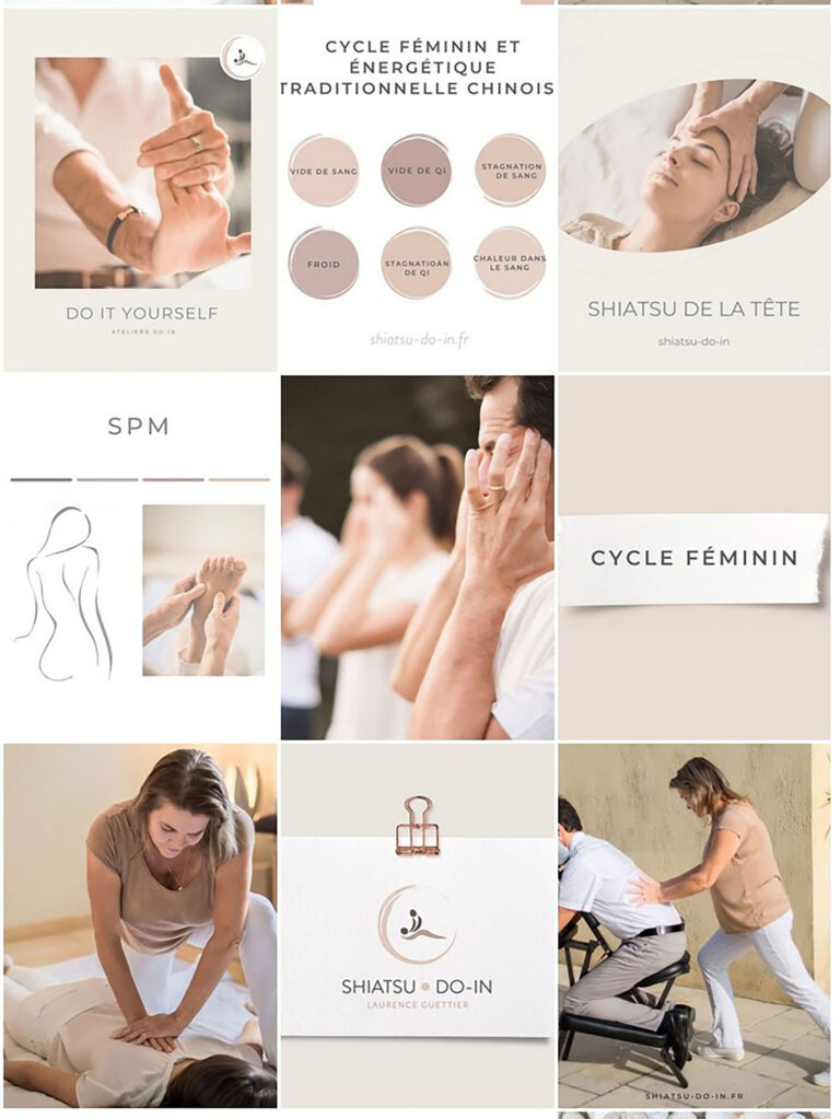 Grille Instagram optimisée pour mettre en avant un praticien en soins énergétiques.