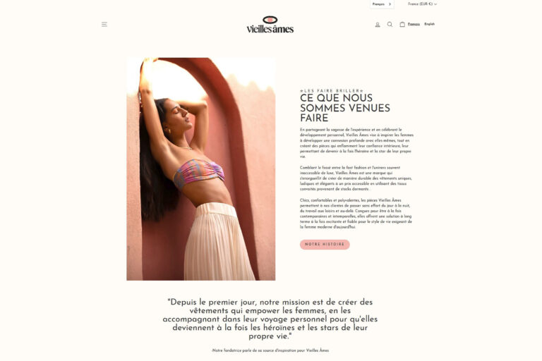 Page de présentation de Vieilles Âmes, valorisant son engagement slow fashion.
