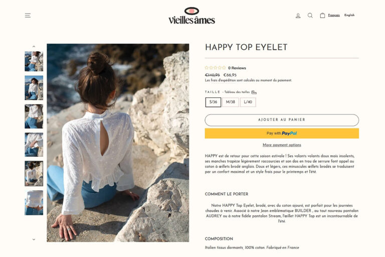 Expérience d’achat en ligne chez Vieilles Âmes, mode durable et responsable.