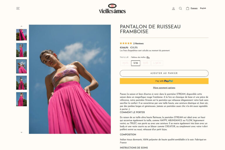 Boutique en ligne de Vieilles Âmes, proposant des vêtements écoresponsables.