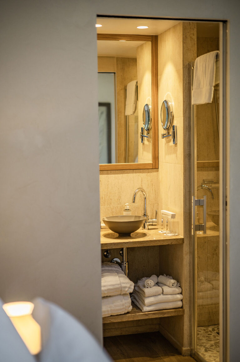 Salle de bain élégante d’un hôtel de charme avec douche à l’italienne et ambiance épurée.
