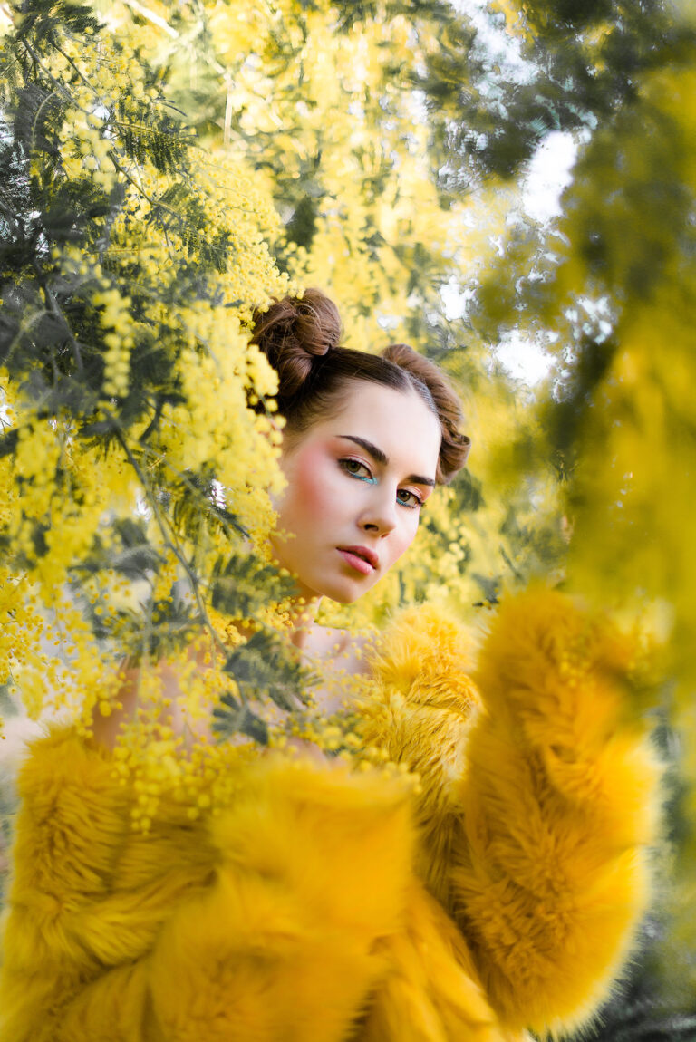 Photographie de mode dans la nature à Mandelieu – look original et lumière dorée des mimosas