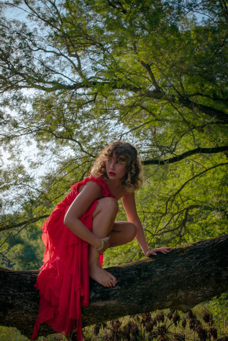Équilibre fragile, Silvia assise sur la branche, regard vers l’horizon – Shooting expressif Côte d’Azur.
